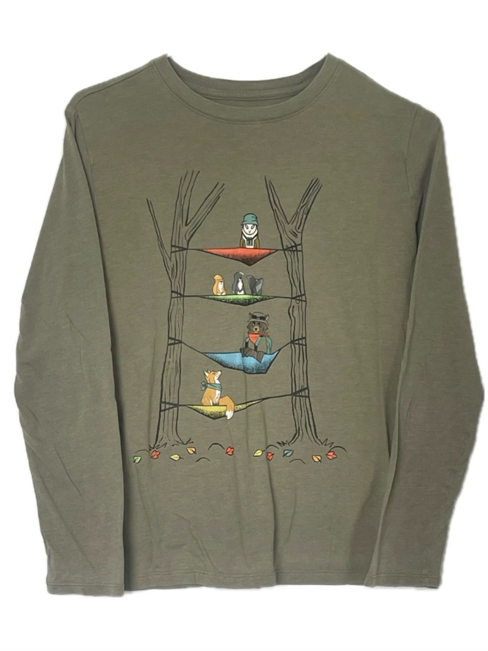 Cat & Jack animals in hammocks graphic long sleeve shirt, olive size large 12/14